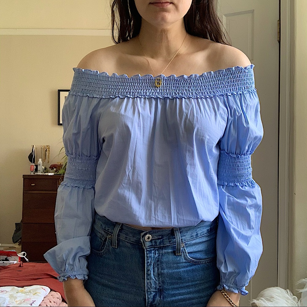 Max Studio Blue Off the Shoulder Smocked Top